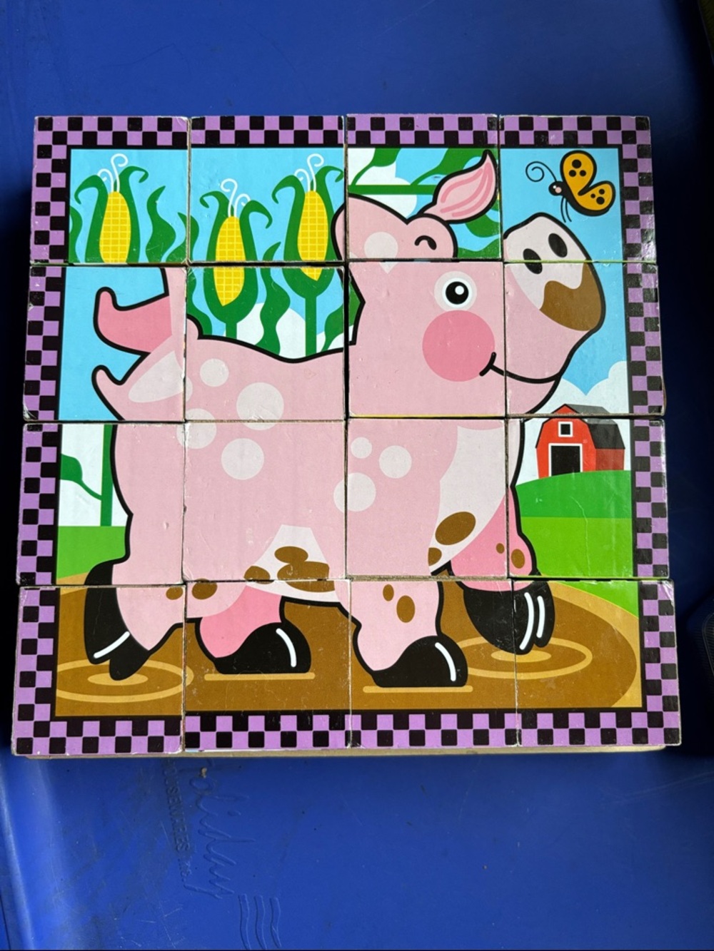 Melissa & Doug Wooden Cube Puzzle Blocks w/wooden tray Farm Animals colorful